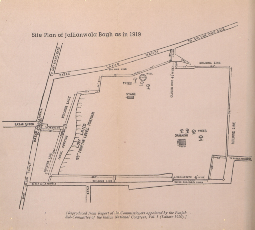 जलियाँवाला बाग़ का स्थल-मानचित्र, १९१९